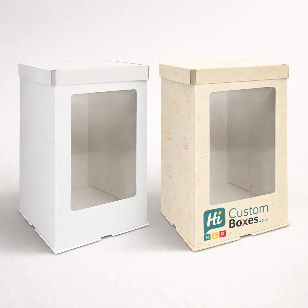 Two square white and floral patterned bakery boxes featuring clear windows and carrying handles. class=